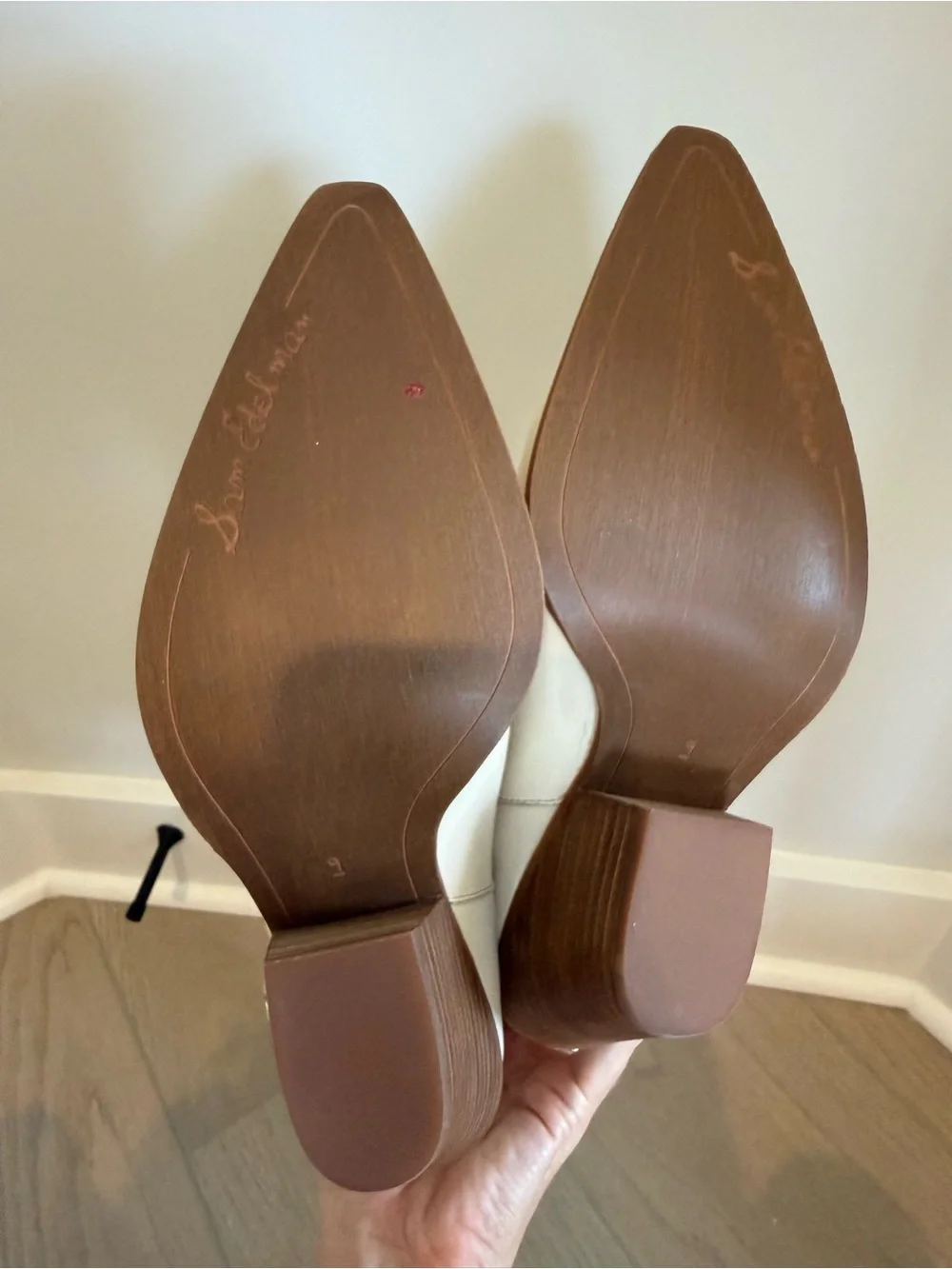 Sam Edelman Cream Leather Pointed Ankle Booties with Side Zip
